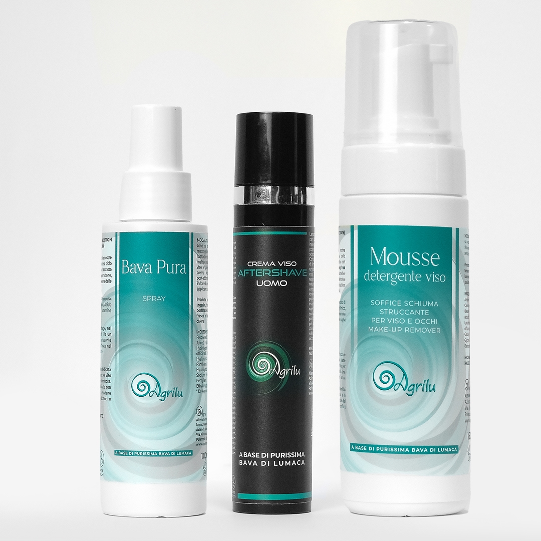 Allevamento lumache vive spurgate Chiocciole Helix Aspera Maxima vendita diretta Brescia Kit uomo - Bava + Aftershave + Mousse