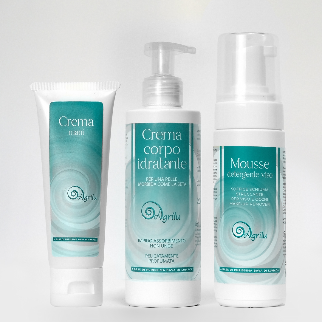 Allevamento lumache vive spurgate Chiocciole Helix Aspera Maxima vendita diretta Brescia Kit Cura del Corpo - Mousse + Crema Corpo + Crema Mani